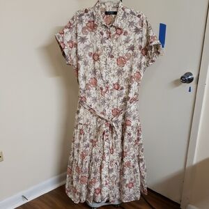 Lauren Ralph Lauren Vilma Floral Stripe Button-Up Shirt Dress Tiered Skirt 8